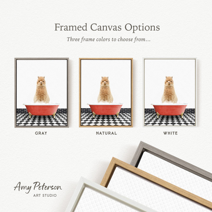 three framed canvas options, each featuring a brown dog sitting in a red bathtub. The options include a gray frame, a natural frame, and a white frame.