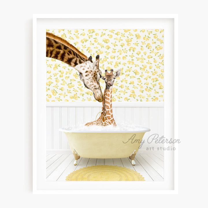 two giraffes in a bathtub with a yellow wallpaper