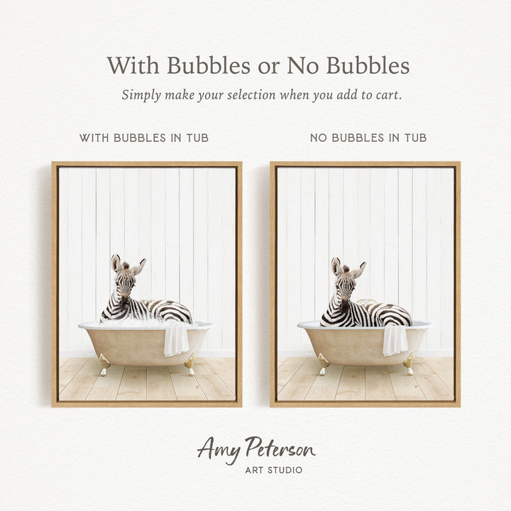 The image is a collage of two pictures featuring a zebra sitting in a bathtub. The zebra is depicted in two different frames, one with bubbles and the other without bubbles. The text above the images reads "With Bubbles or No Bubbles Simply make your selection when you add to cart."