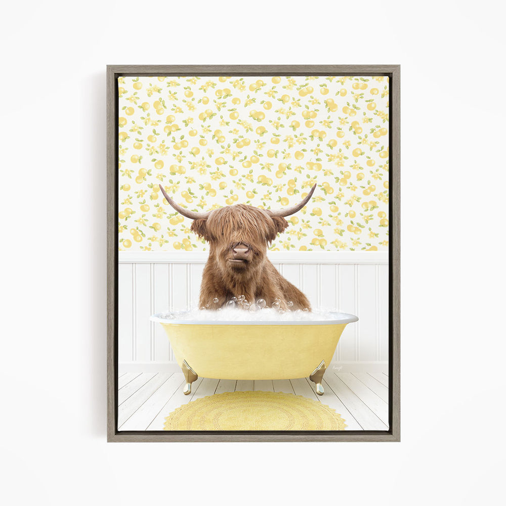 A brown cow with long horns is sitting in a yellow bathtub filled with water, surrounded by a yellow floral wallpaper.