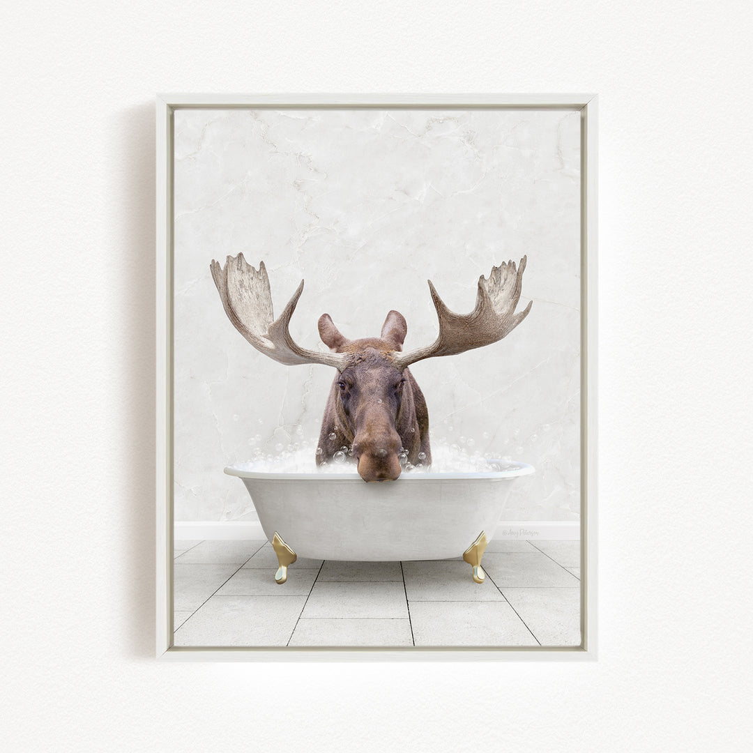 A moose with large antlers is sitting in a white bathtub filled with water, creating a whimsical and humorous scene.