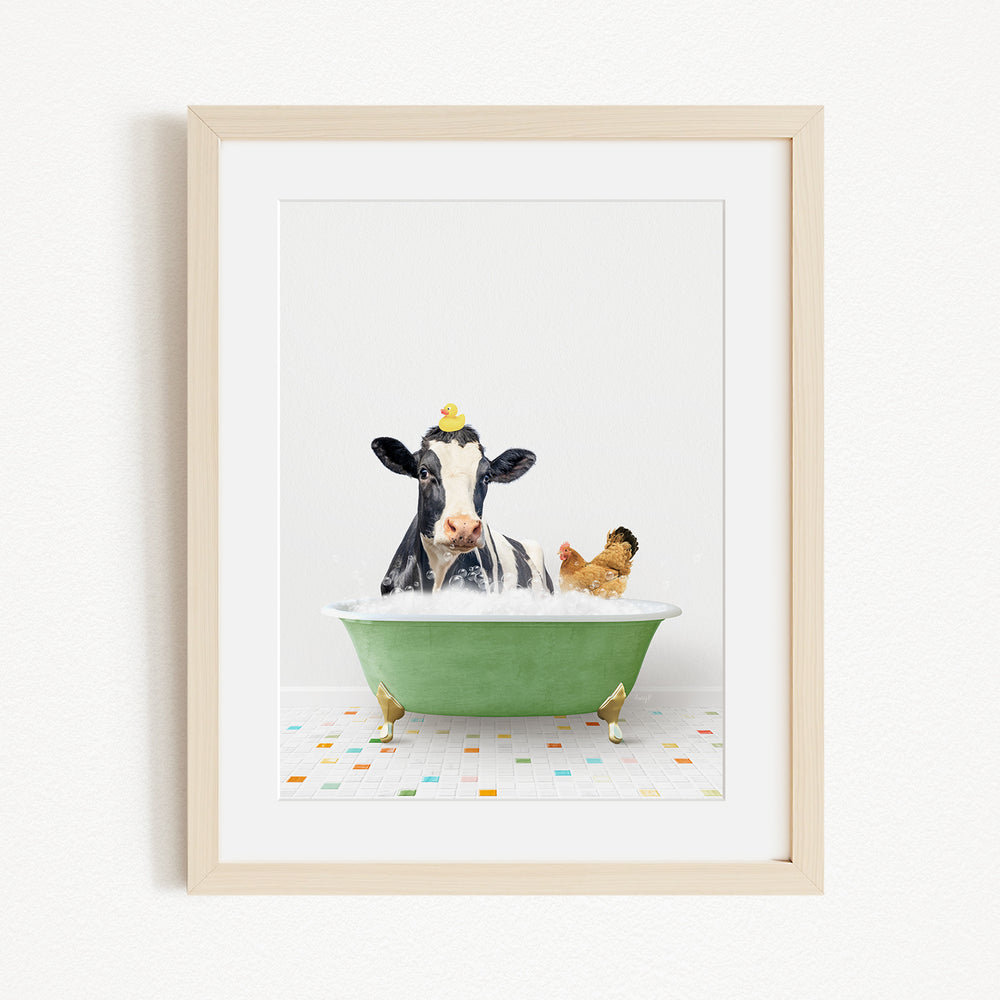 A black and white cow is sitting in a green bathtub, with a chicken standing nearby, in a playful and whimsical scene.
