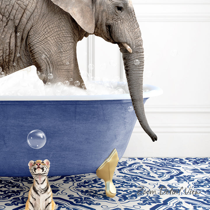 An elephant is taking a bath in a blue tub, while a tiger figurine stands nearby, and a yellow figurine is also present in the scene.