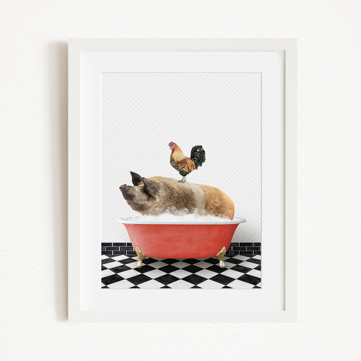 A rooster stands on a pig's back while the pig is sitting in a red bathtub, both on a black and white checkered floor.