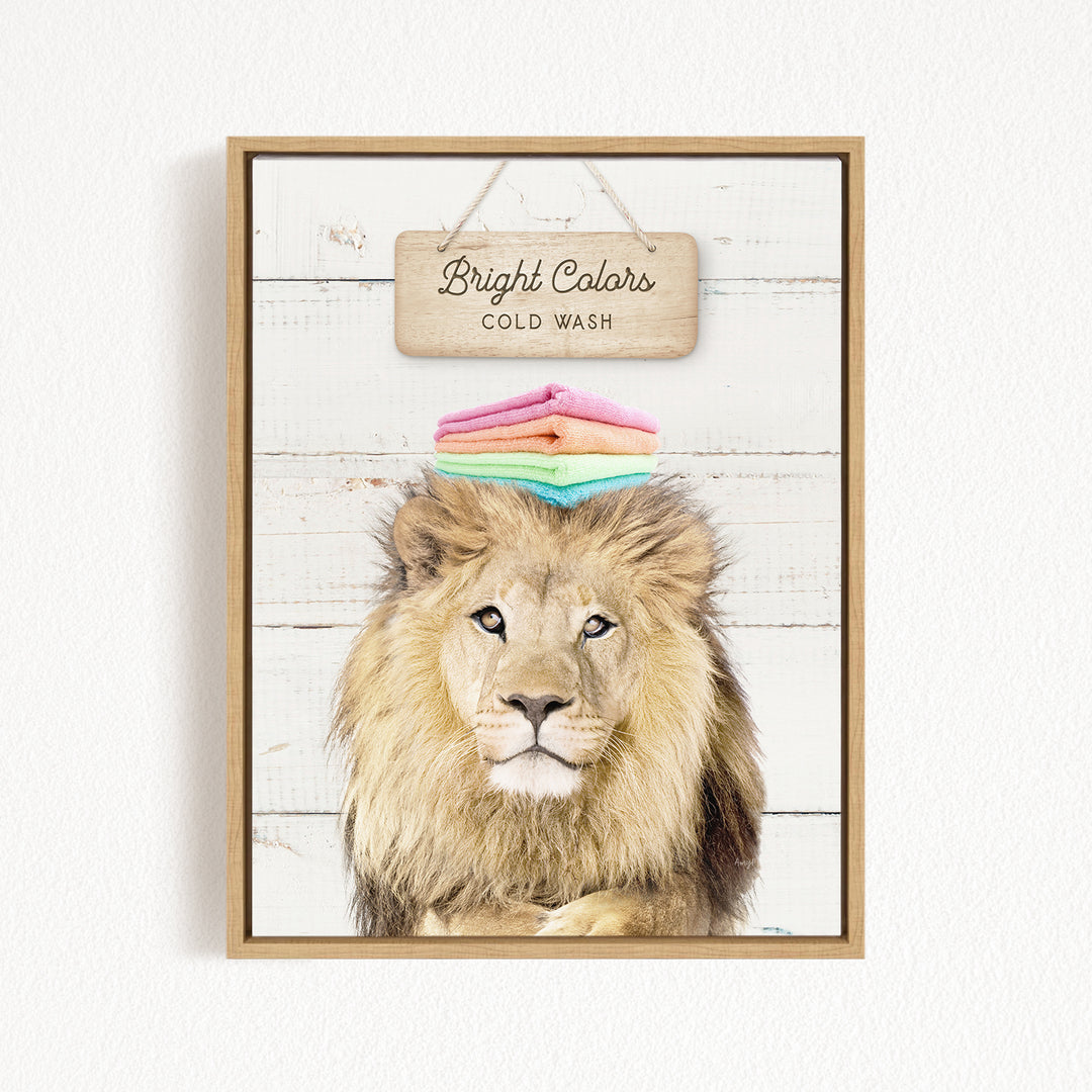 A framed image of a lion with a sign above it that says "Bright Colors Cold Wash".