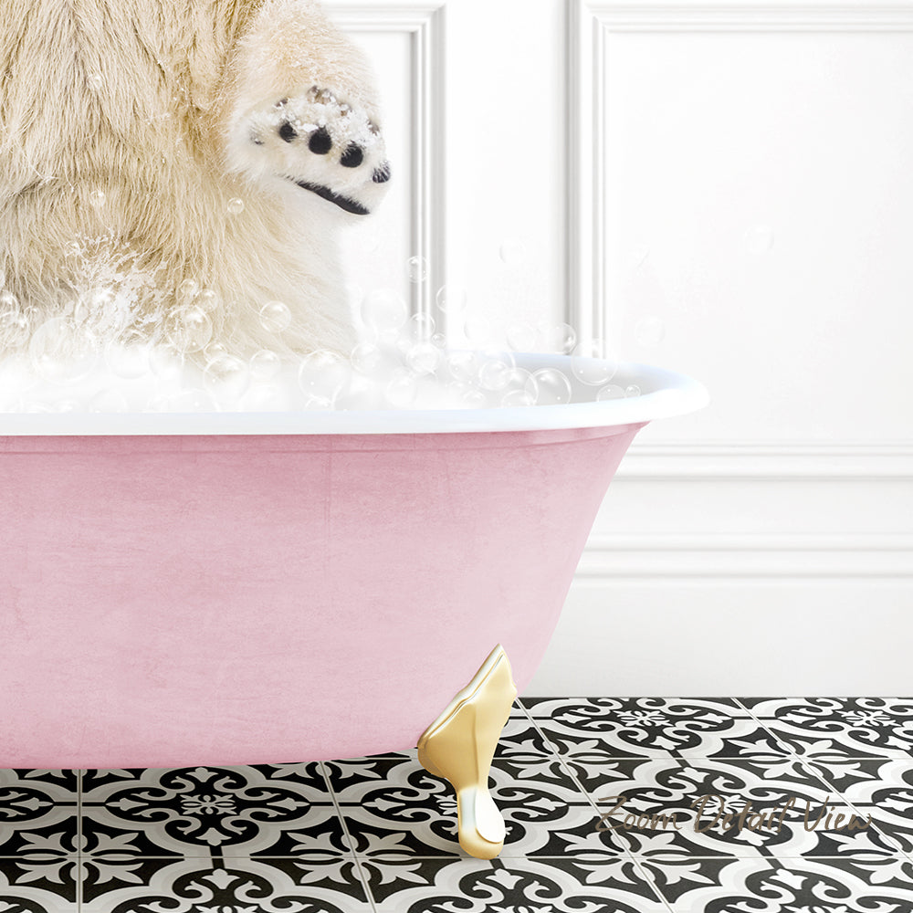 A pink claw-foot bathtub filled with bubbles, with a polar bear standing in it and looking at the camera.