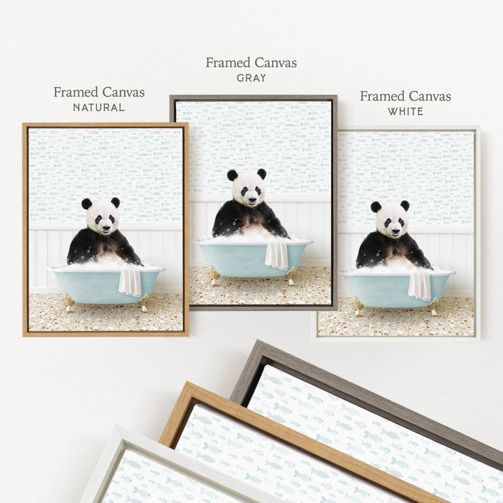 three framed pictures of a panda bear sitting in a bathtub, each with a different colored frame.