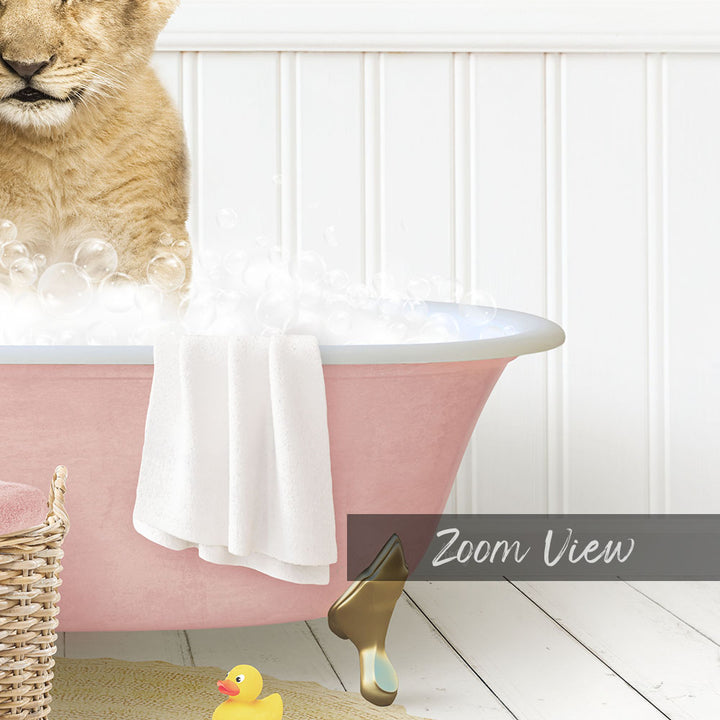 A cat sitting in a pink bathtub filled with bubbles, surrounded by a yellow rubber duck and a white towel.