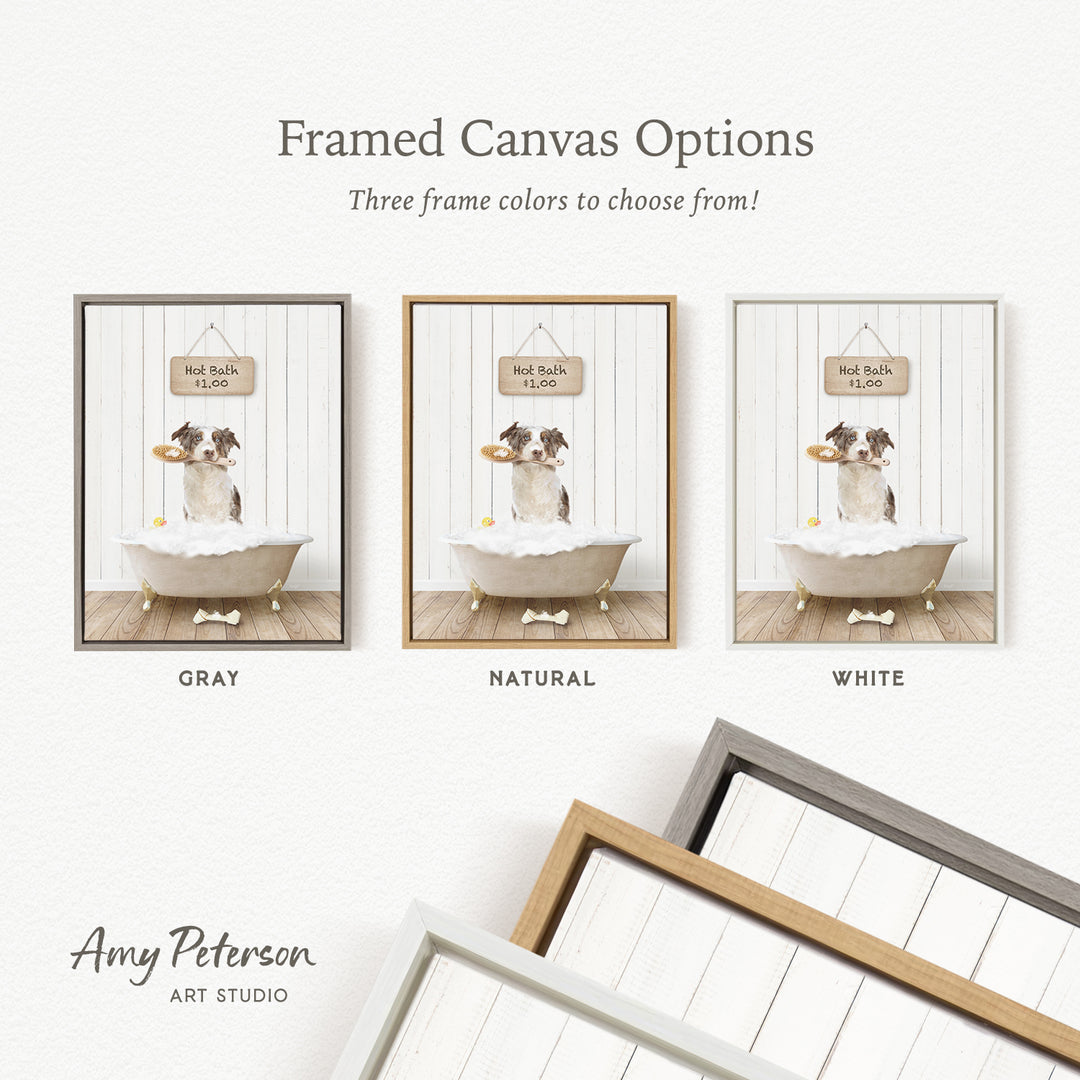 The image is a framed canvas option featuring three different colored frames, each containing a painting of a dog in a bathtub.