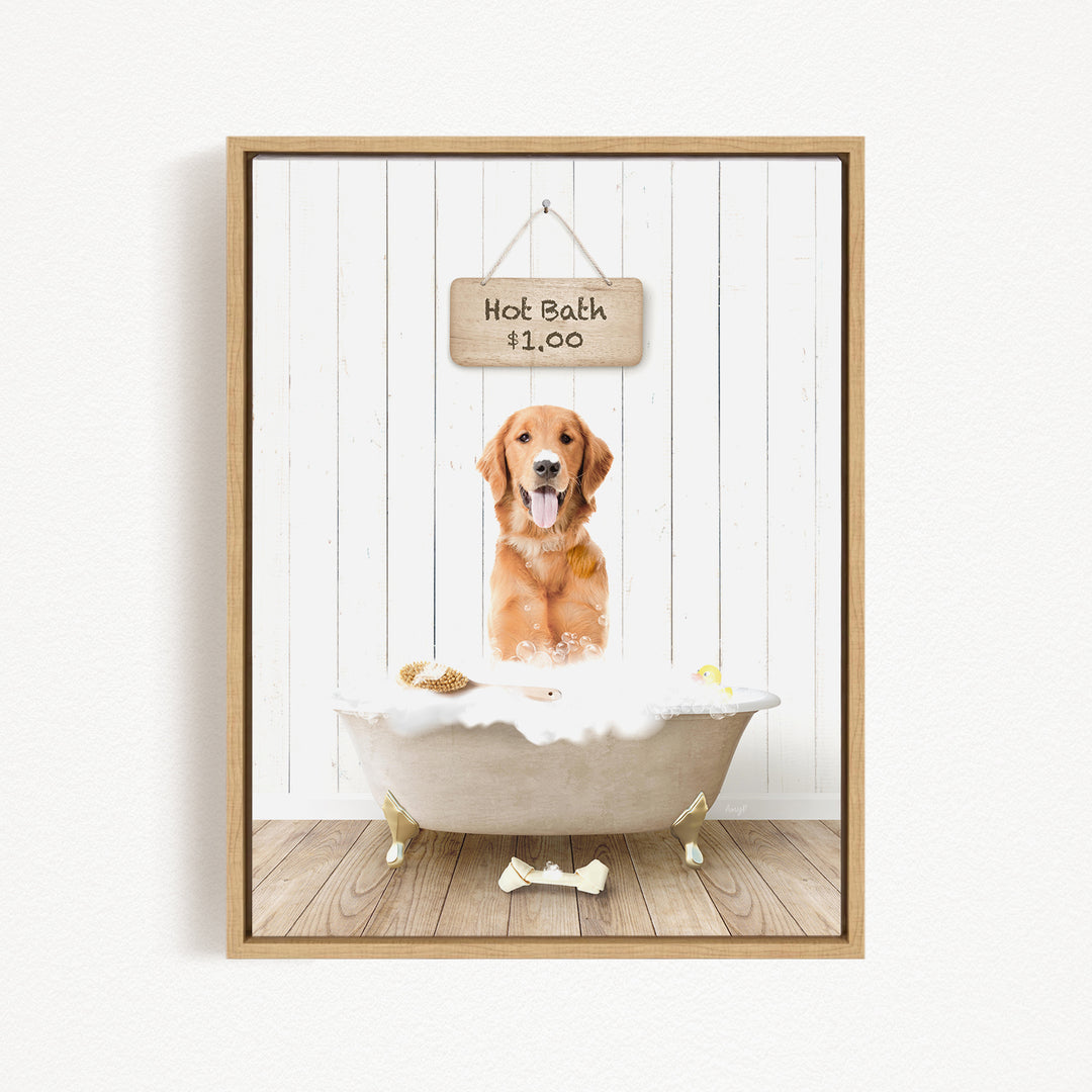 A golden retriever dog is sitting in a white bathtub filled with bubbles, with a sign above the tub indicating a hot bath for $1.00.