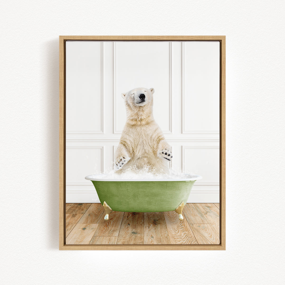 A polar bear standing in a green bathtub filled with water, appearing to be enjoying a bath.