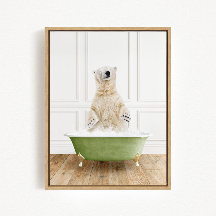 A polar bear standing in a green bathtub filled with water, appearing to be enjoying a bath.