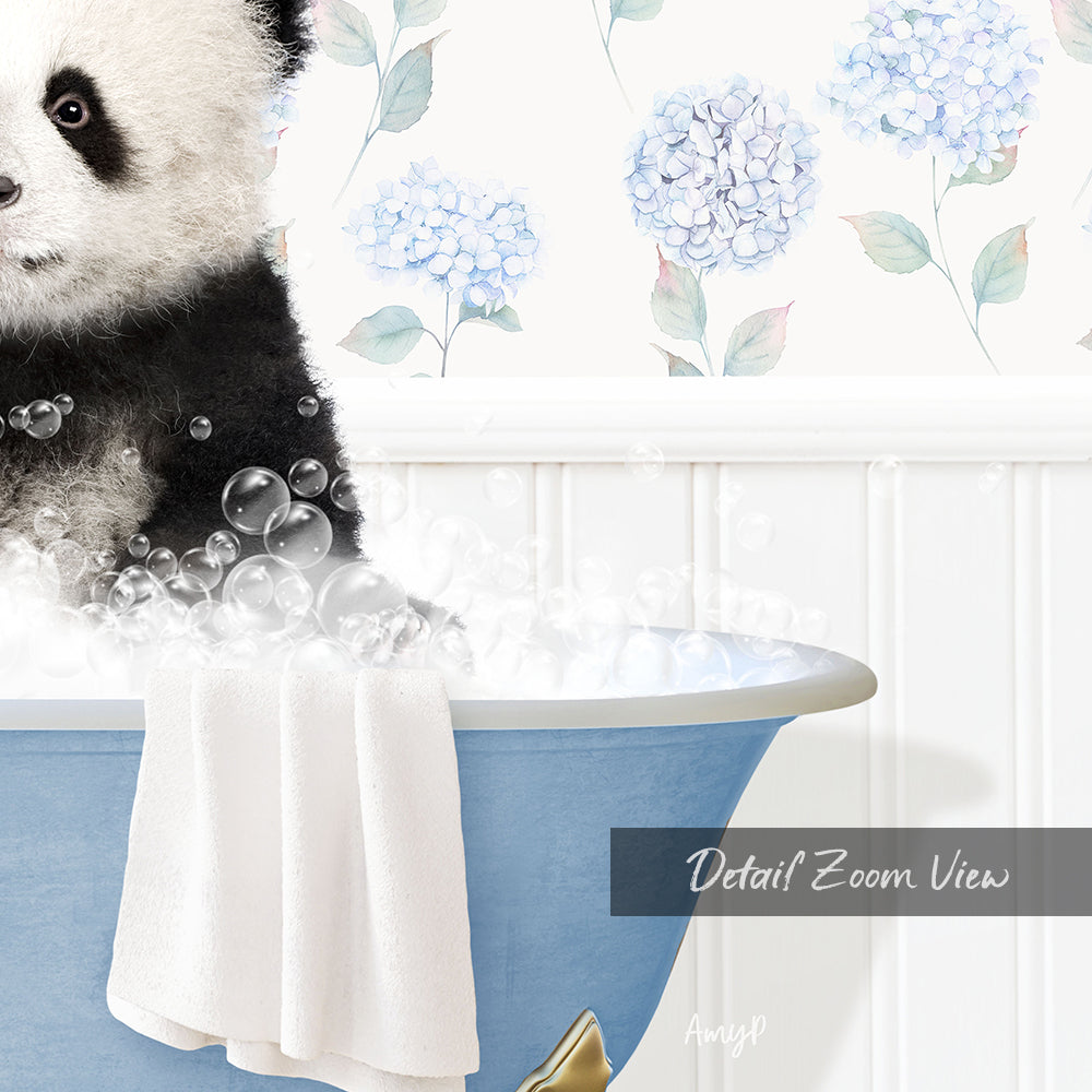 A panda bear sitting in a bathtub filled with bubbles, surrounded by a floral patterned wall.