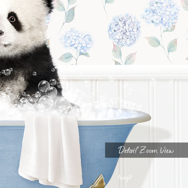 A panda bear sitting in a bathtub filled with bubbles, surrounded by a floral patterned wall.
