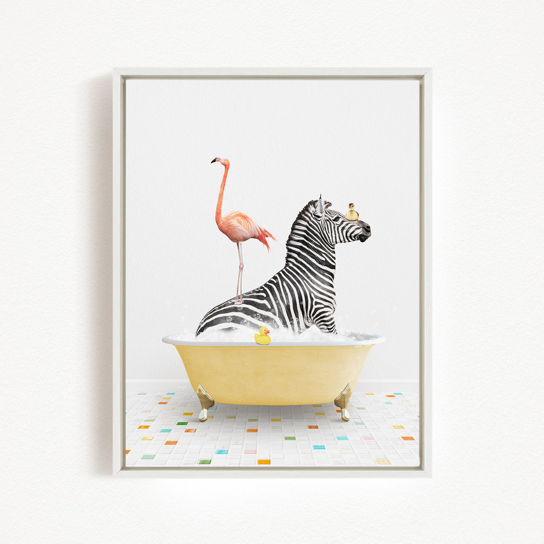 A zebra is sitting in a yellow bathtub, surrounded by a pink flamingo and a yellow duck, creating a whimsical and playful scene.