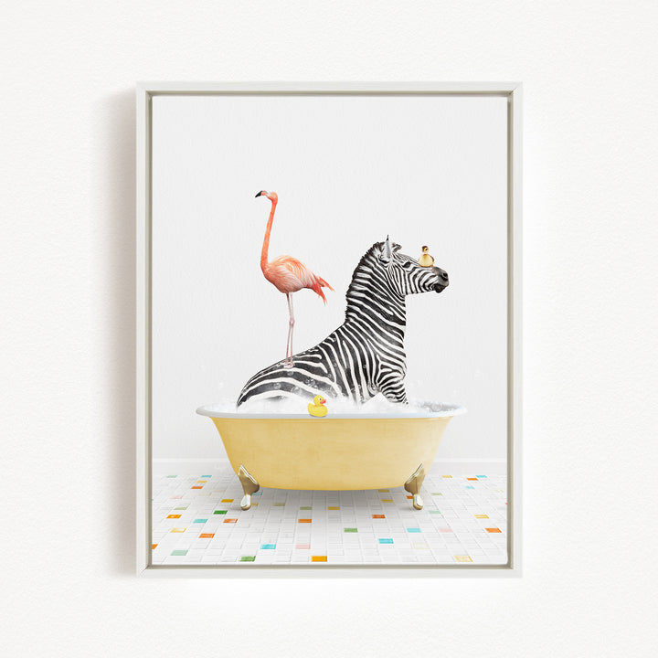 A zebra is sitting in a yellow bathtub, surrounded by a pink flamingo and a yellow duck, creating a whimsical and playful scene.