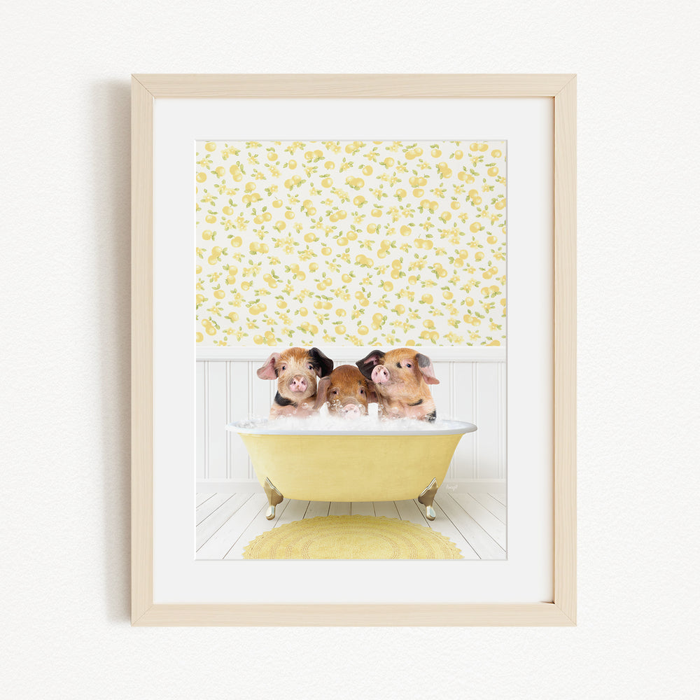 Three adorable pigs sitting in a yellow bathtub, surrounded by a yellow floral pattern on the wall behind them.