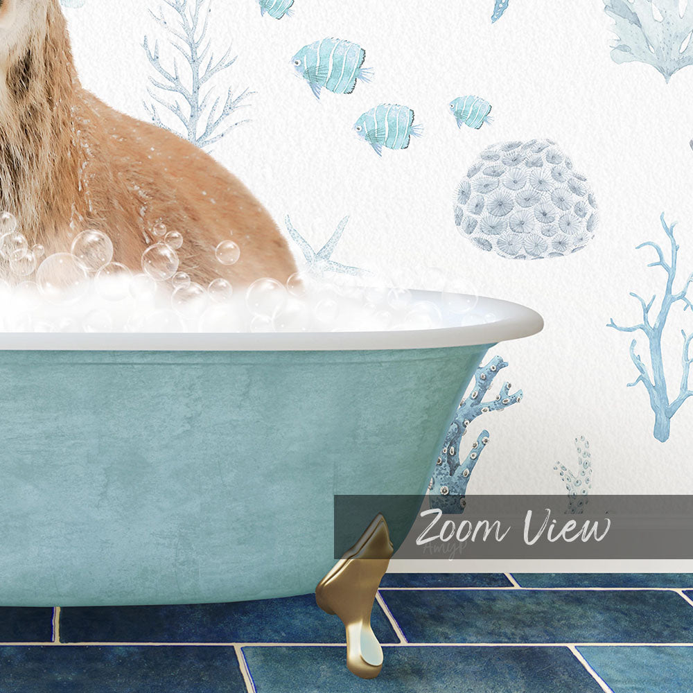 A cat sitting in a bathtub filled with bubbles, surrounded by a blue and white underwater scene with fish and coral.
