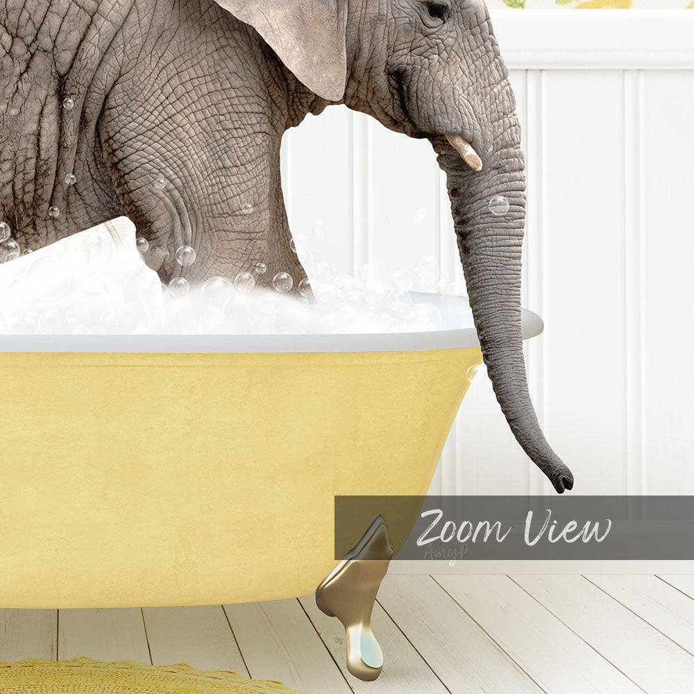 An elephant is taking a bath in a yellow bathtub, surrounded by bubbles.