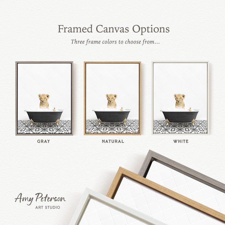 The image is a framed canvas option featuring three different colored frames with a picture of a dog sitting in a bathtub.