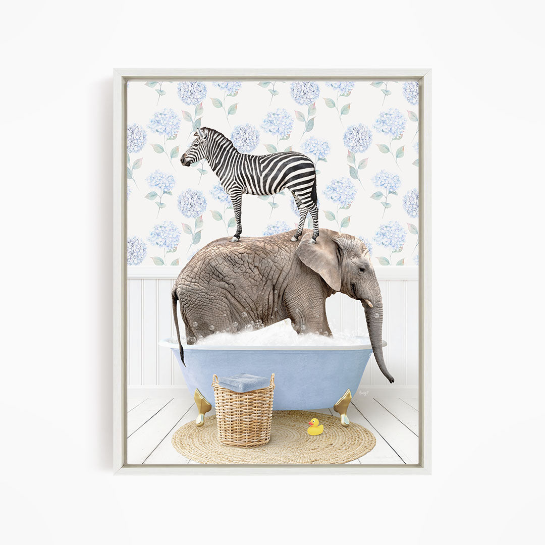 A zebra stands on the back of an elephant, both in a blue bathtub filled with water, with a basket of rubber ducks nearby.