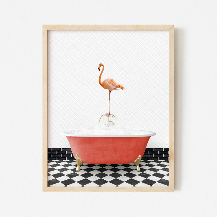 a flamingo standing on a bathtub in a bathroom