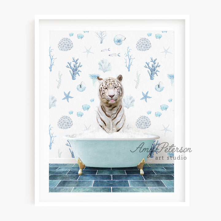 a white tiger is sitting in a bathtub