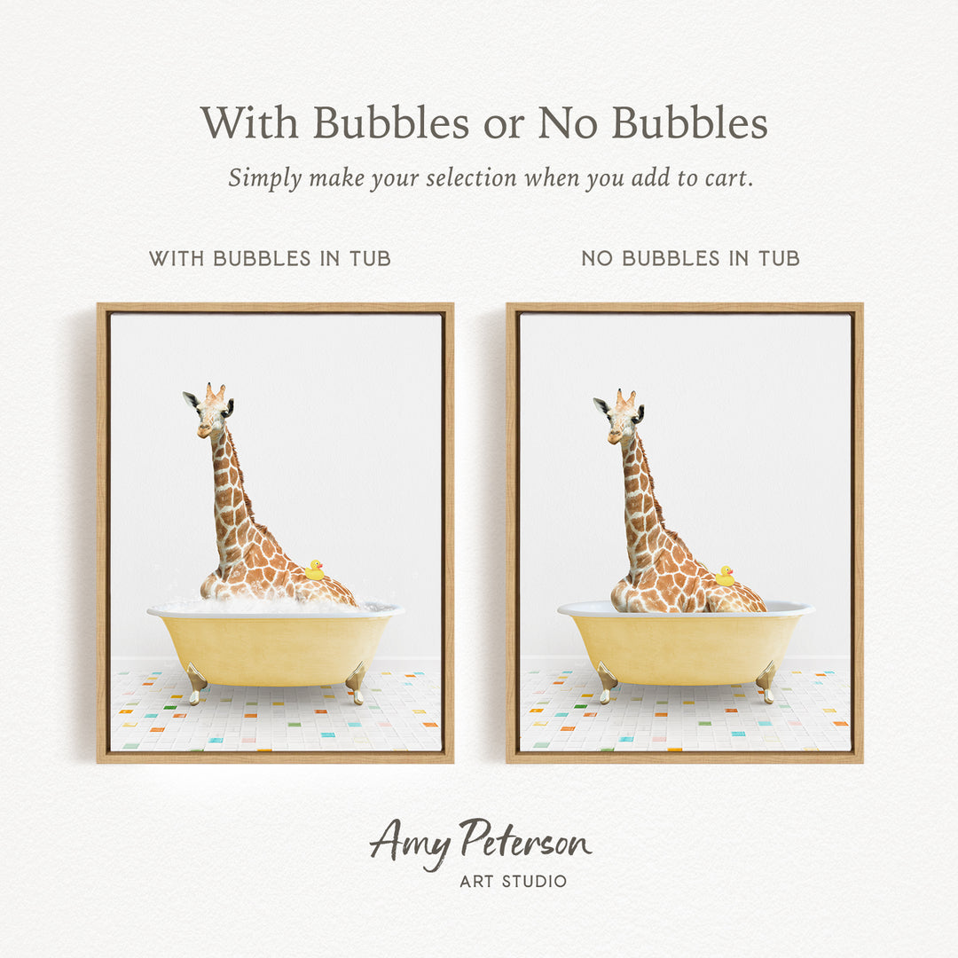 The image is a collage of two framed pictures, each depicting a giraffe sitting in a bathtub. The text above the images reads "With Bubbles or No Bubbles" and below the images, it says "Simply make your selection when you add to cart."