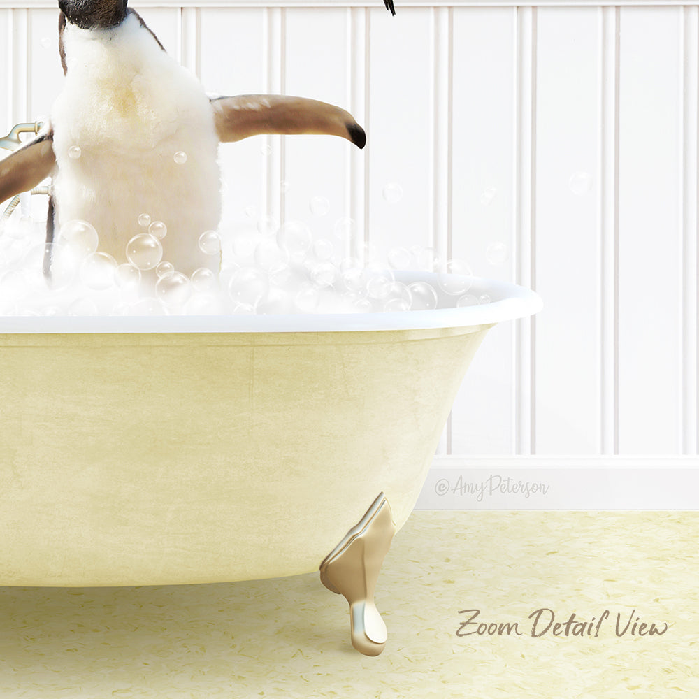 A penguin standing in a bathtub filled with bubbles, enjoying a bath.