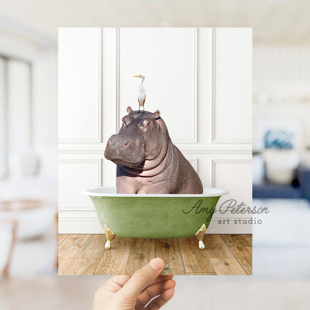 a hippo sitting in a bathtub with a bird on top of it