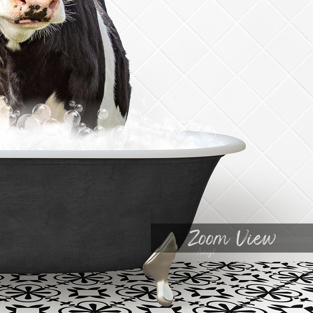 A black and white cow is standing in a bathtub filled with bubbles, with a text overlay that reads "Zoom View" in the bottom right corner.