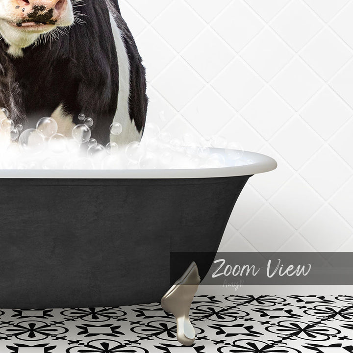 A black and white cow is standing in a bathtub filled with bubbles, with a text overlay that reads "Zoom View" in the bottom right corner.