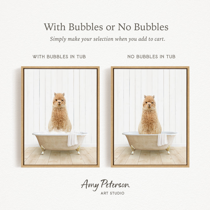 The image is a collage of two pictures featuring a dog sitting in a bathtub. The dog appears to be a fluffy, light-colored animal, possibly a small breed. The collage includes two different frames, one with bubbles in the tub and the other without bubbles. The text above the images reads "With Bubbles or No Bubbles" and below the images, it says "Simply make your selection when you add to cart." The artist's name, Amy Peterson, is mentioned at the bottom of the image.