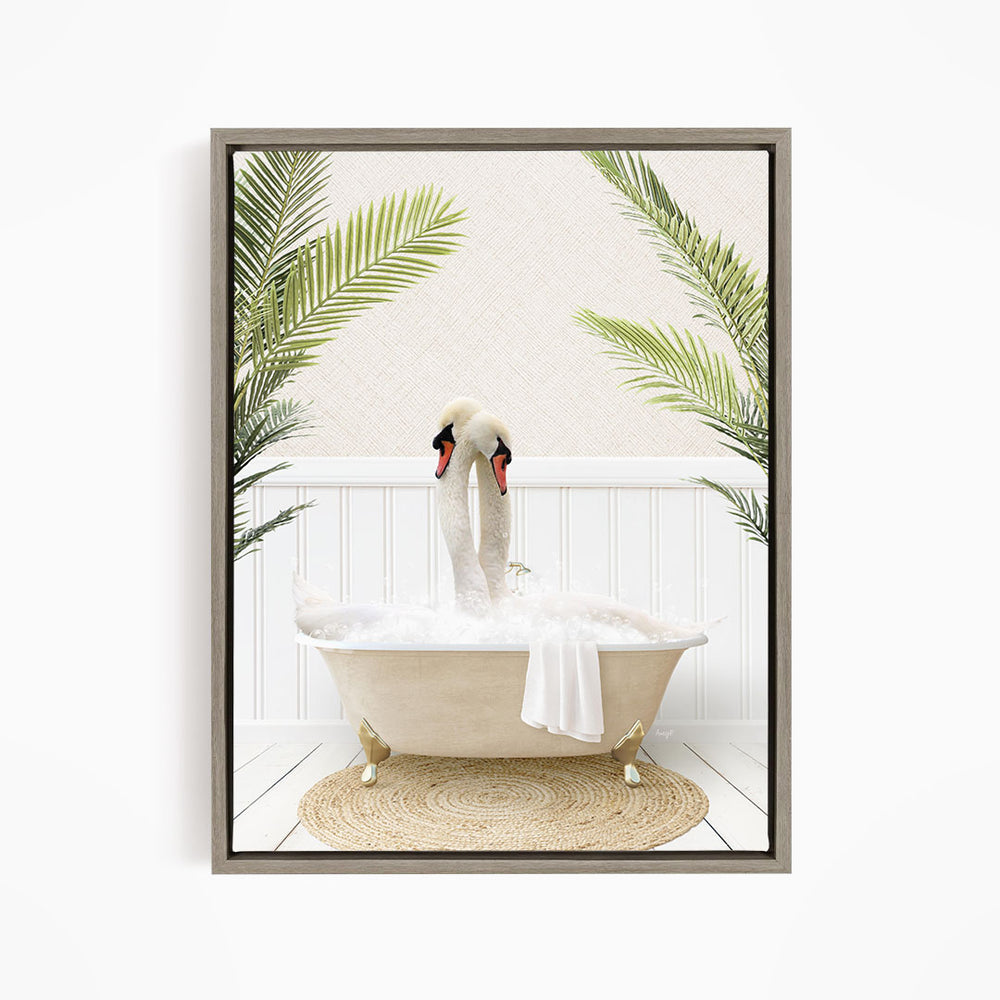 A framed image depicting two swans sitting in a bathtub filled with bubbles, surrounded by green palm leaves.