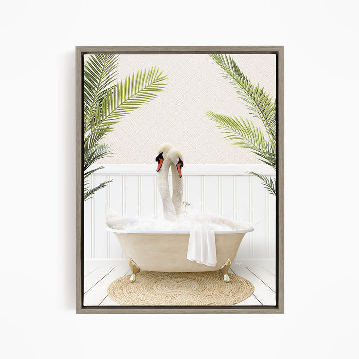 A framed image depicting two swans sitting in a bathtub filled with bubbles, surrounded by green palm leaves.