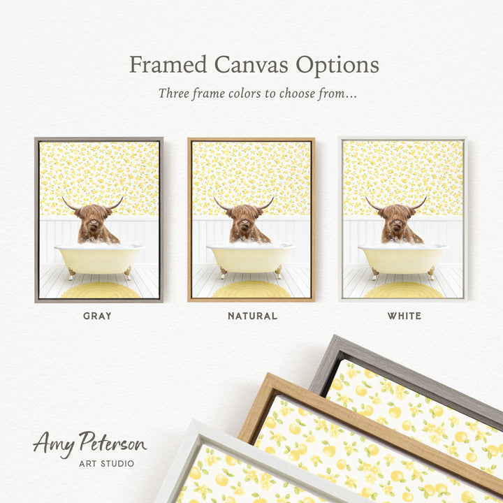 The image is a framed canvas option showcasing three different framed canvas options, each featuring a brown cow with horns in a bathtub. The options include a gray frame, a natural frame, and a white frame.
