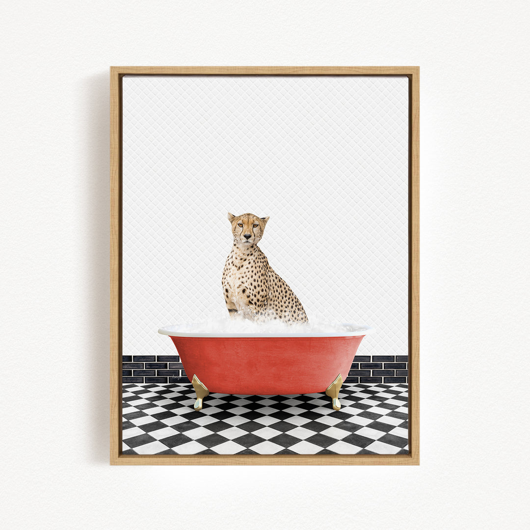 A cheetah sitting in a red bathtub filled with water, with a black and white checkered floor in the background.