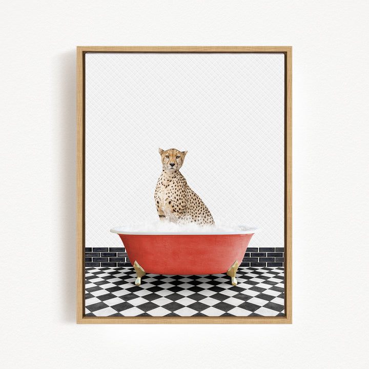 A cheetah sitting in a red bathtub filled with water, with a black and white checkered floor in the background.