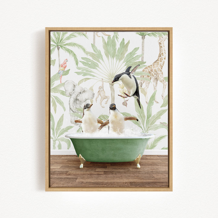A framed print depicting two penguins sitting in a green bathtub, surrounded by a tropical jungle scene with various animals and plants.