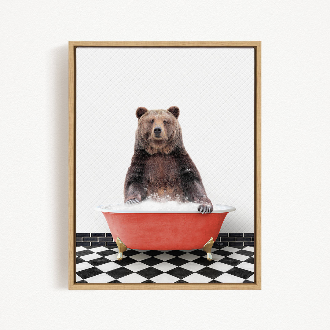 A brown bear sitting in a red bathtub filled with water, surrounded by a black and white checkered floor.