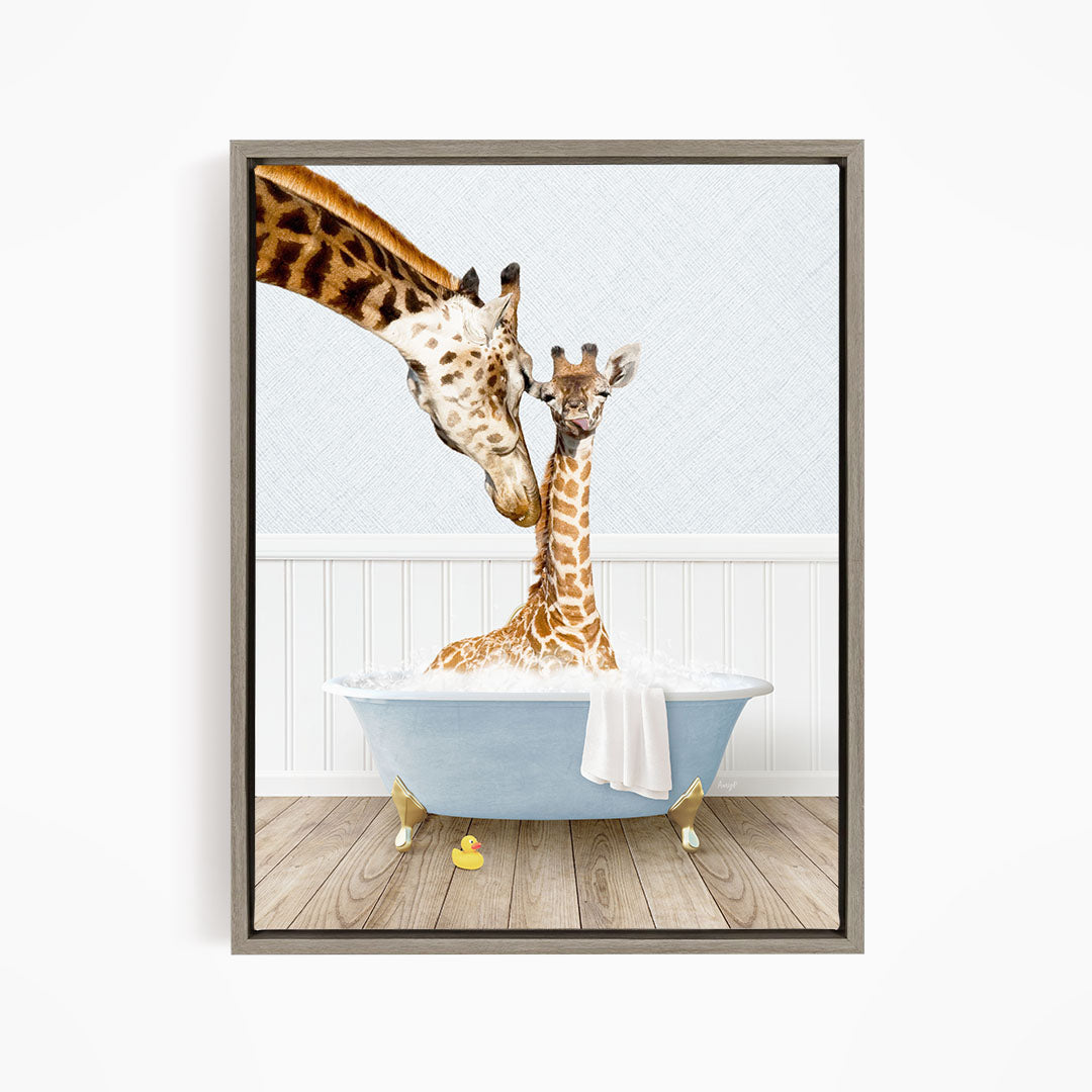 A mother giraffe and her baby giraffe are enjoying a relaxing bath together in a blue tub, surrounded by rubber ducks.