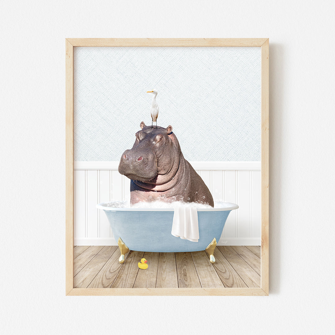 a hippo in a bathtub with a bird on top of it