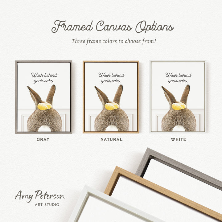 The image is a framed canvas with three different color options for framing a picture of a rabbit.