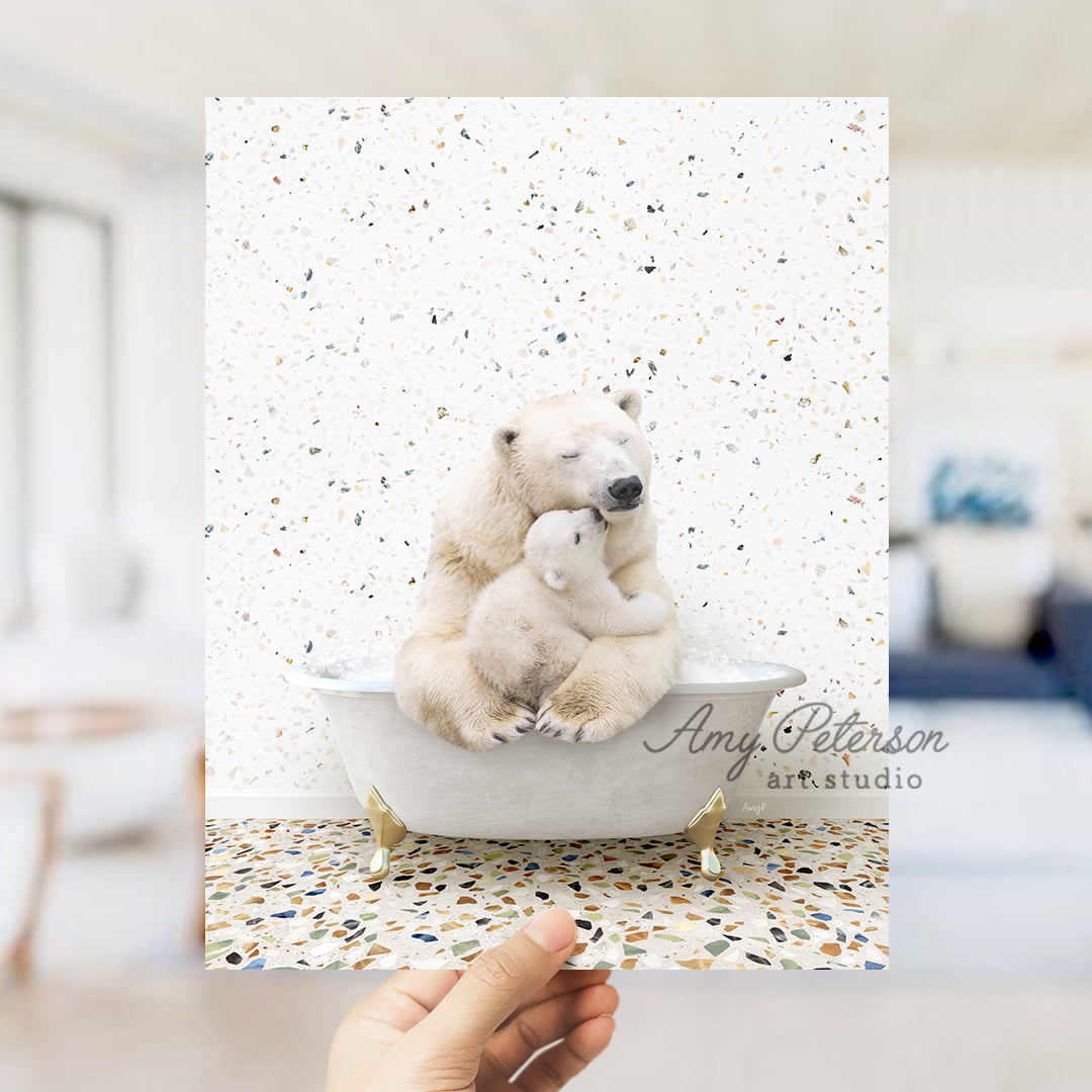 a polar bear sitting on top of a bath tub