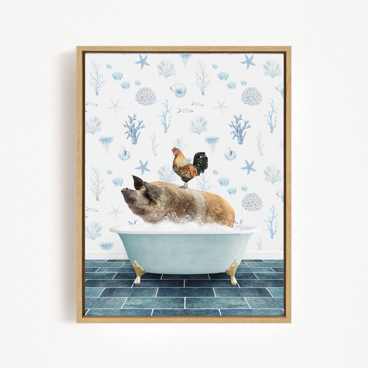 A pig sitting in a bathtub, with a rooster perched on its back, against a backdrop of blue and white seashells and starfish.