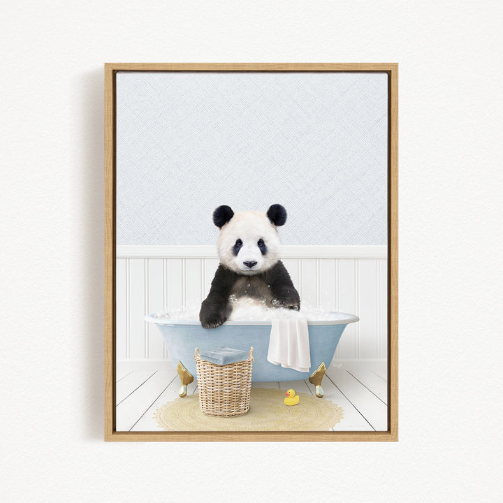 A panda bear sitting in a bathtub filled with water, surrounded by rubber ducks and a basket.