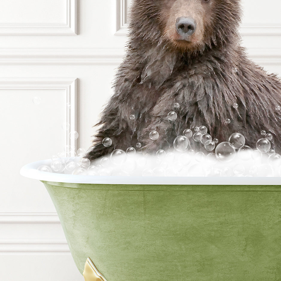 a brown bear sitting in a bathtub filled with bubbles