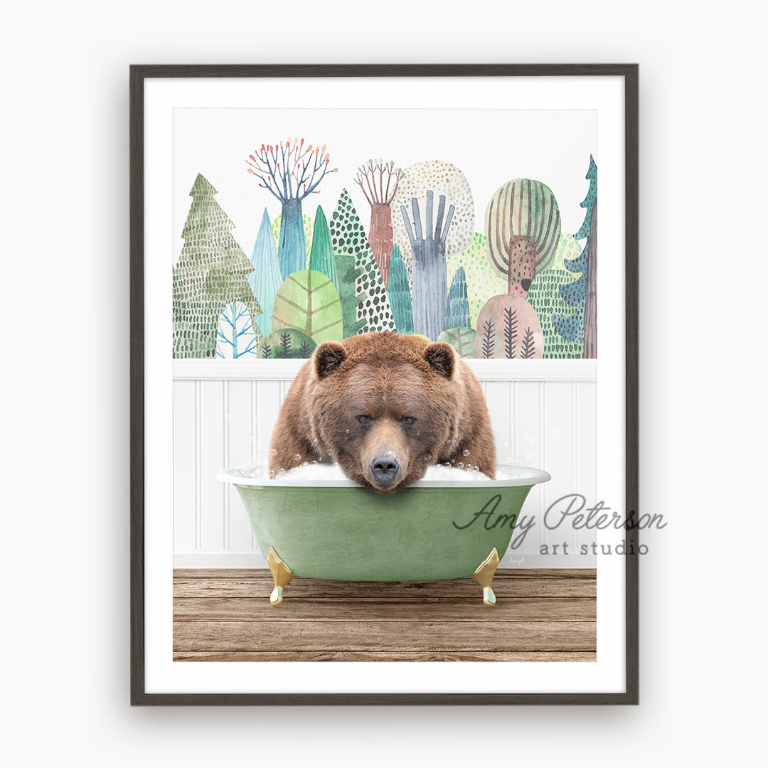 a brown bear sitting in a green bowl