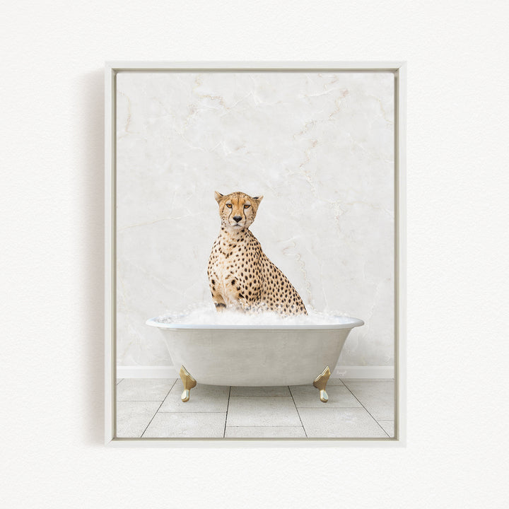 A cheetah sitting in a white bathtub filled with water, creating a whimsical and playful scene.