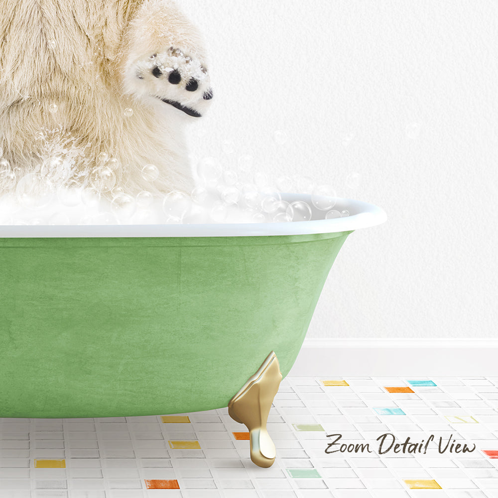 A polar bear is standing in a green bathtub filled with bubbles, with its paw in the water.